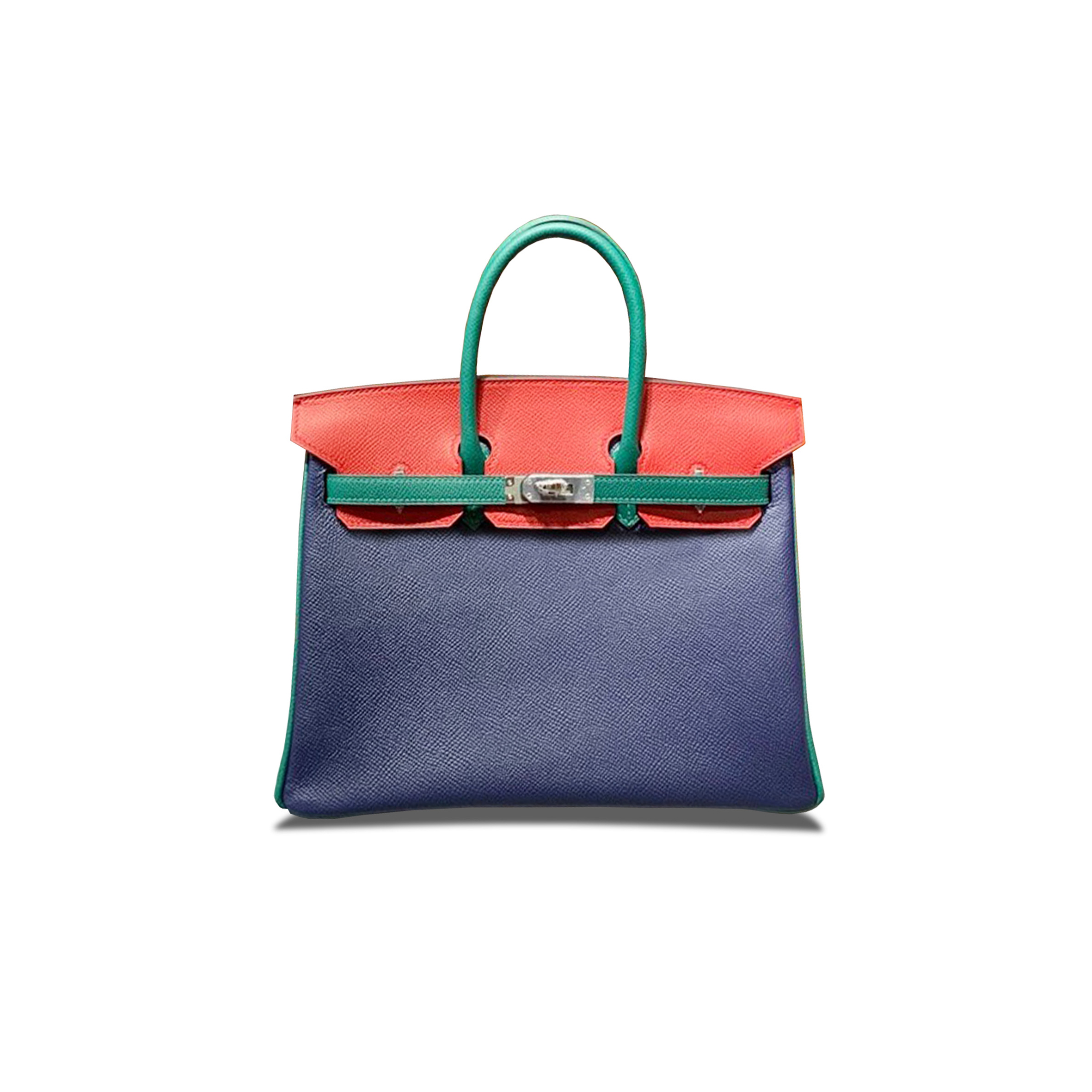 HERMÈS BIRKIN 25 EPSOM SAPPHIRE BLUE MALACHITE GREEN AND BRIGHT RED SILVER BUCKLE H028362CC03 (25*18*13cm)